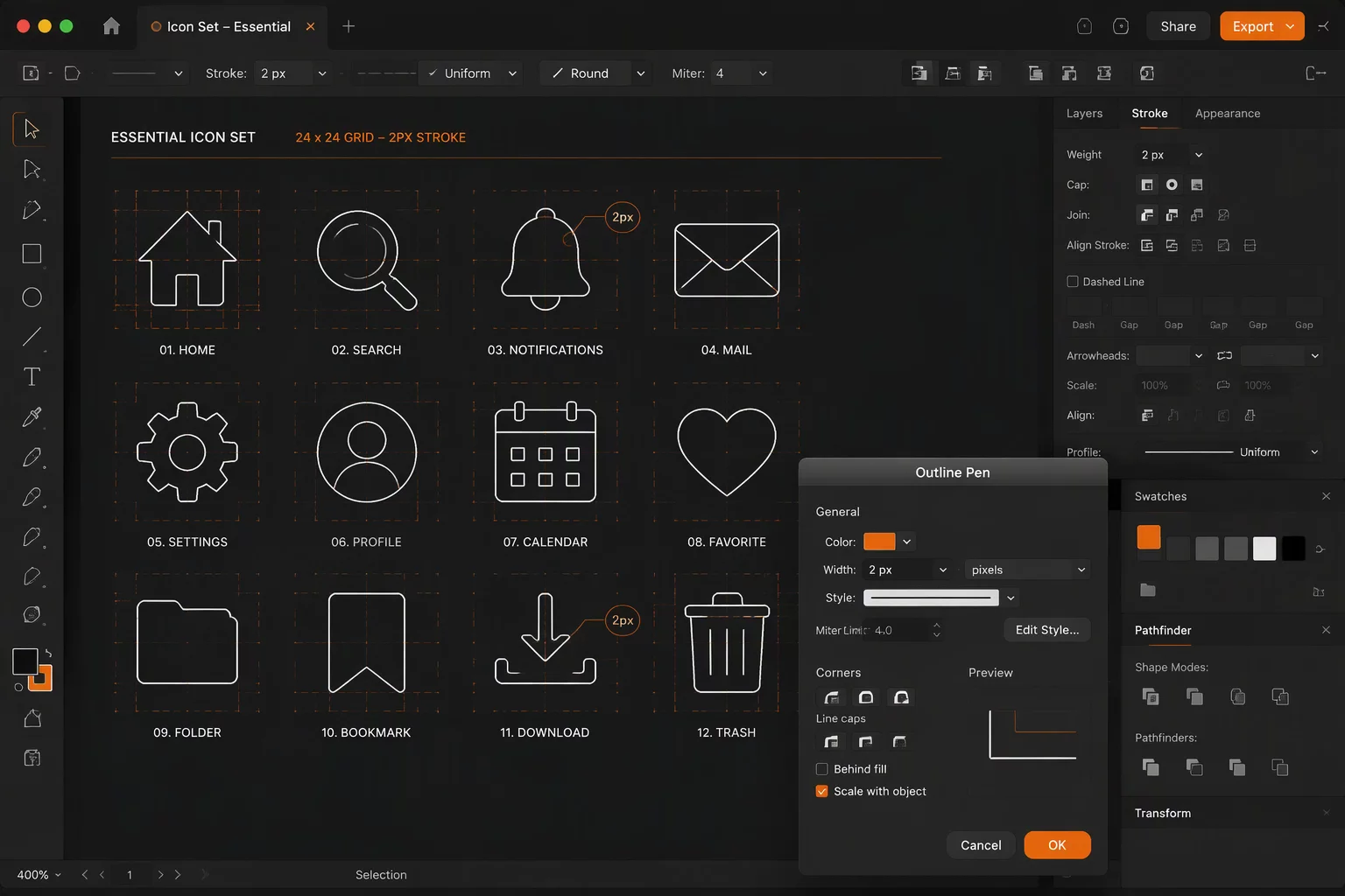 Diagnostic analysis of CorelDRAW vector icon strokes and line weights