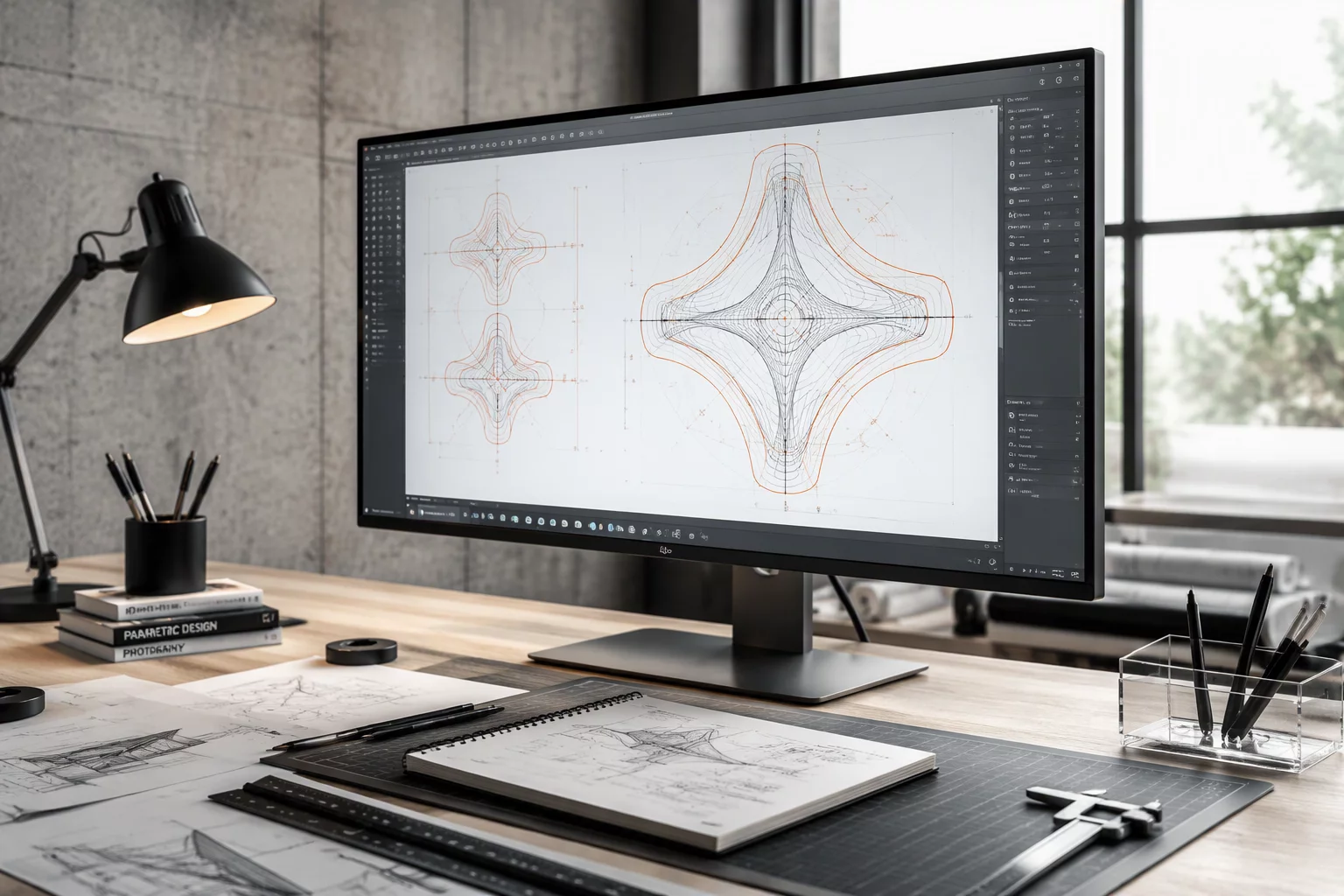 Vector contour design drafting on monitor